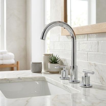 Lagomel widespread bathroom faucet in chrome, matte black, polished gold, set in a Modern/Contemporary bathroom