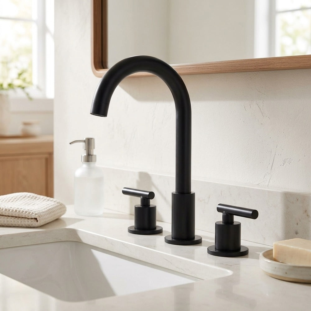 Lagomel widespread bathroom faucet, set in a Modern/Contemporary bathroom