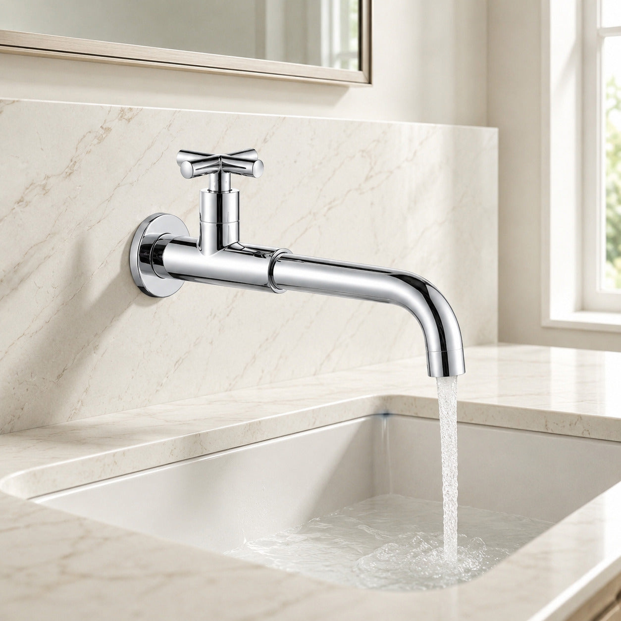 Lagomel single-hole wall-mount bathroom faucet in chrome, matte black, polished gold, antique brass, matte white, set in a Modern/Contemporary/Minimalist bathroom