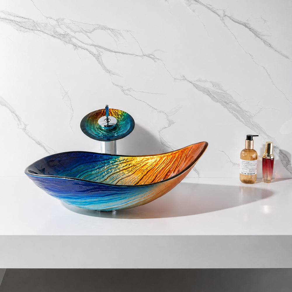 Modern Tempered Glass Vessel Sink, Single-Handle Chrome Waterfall Faucet Combo