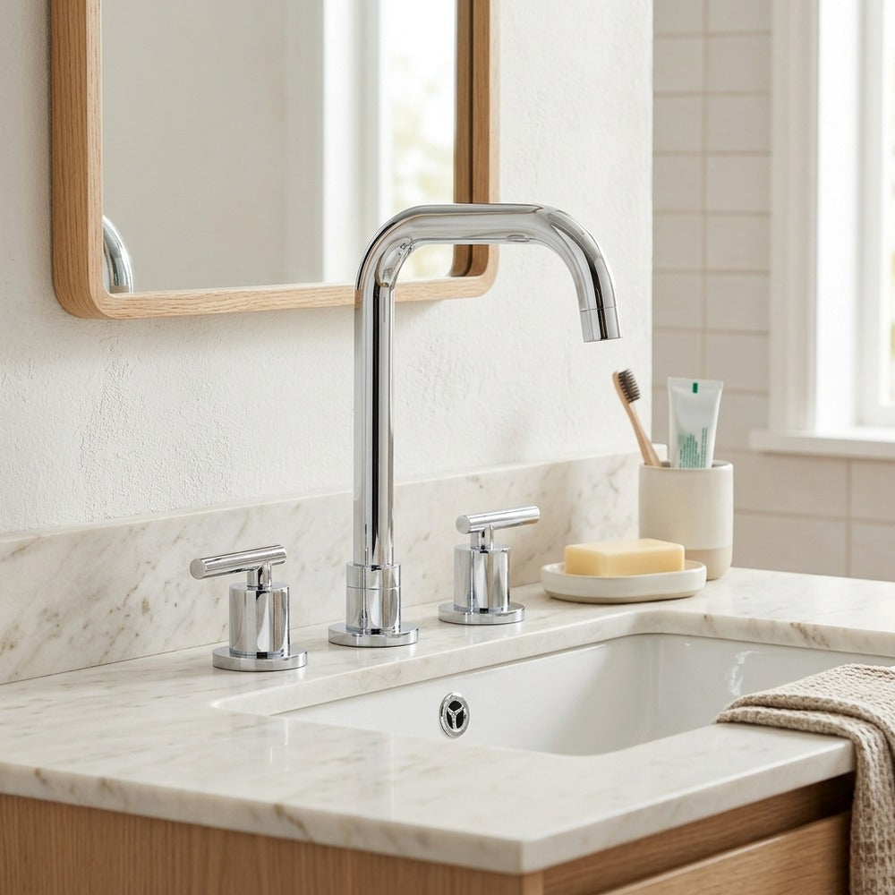Lagomel widespread bathroom faucet, set in a Modern/Contemporary bathroom