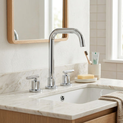 Lagomel widespread bathroom faucet, set in a Modern/Contemporary bathroom