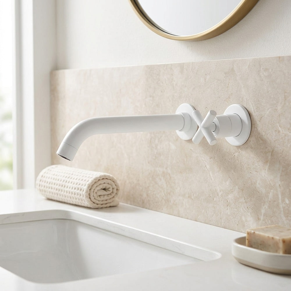 Lagomel single-handle wall-mount bathroom faucet in matte black, chrome, antique brass, matte white, pvd, set in a Modern/Contemporary/Minimalist bathroom