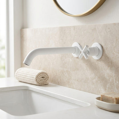 Lagomel single-handle wall-mount bathroom faucet in matte black, chrome, antique brass, matte white, pvd, set in a Modern/Contemporary/Minimalist bathroom