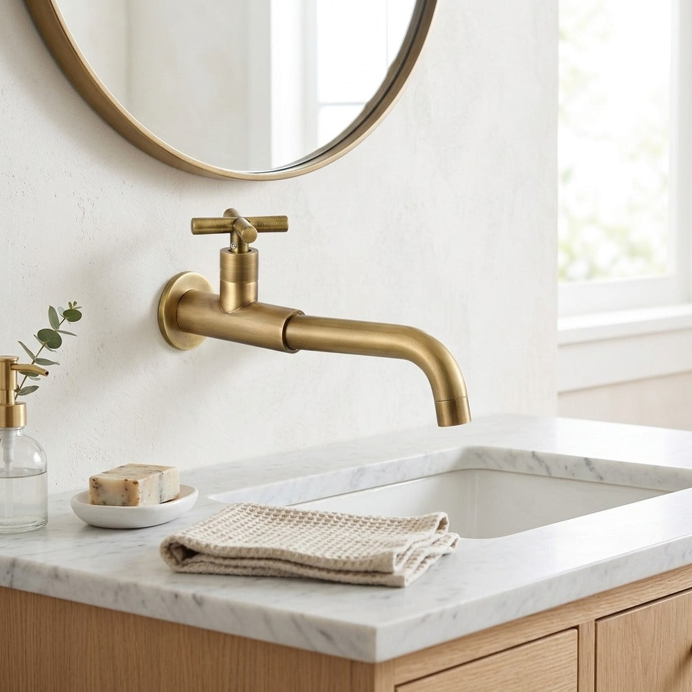 Lagomel single-handle wall-mount bathroom faucet, set in a Modern/Contemporary bathroom