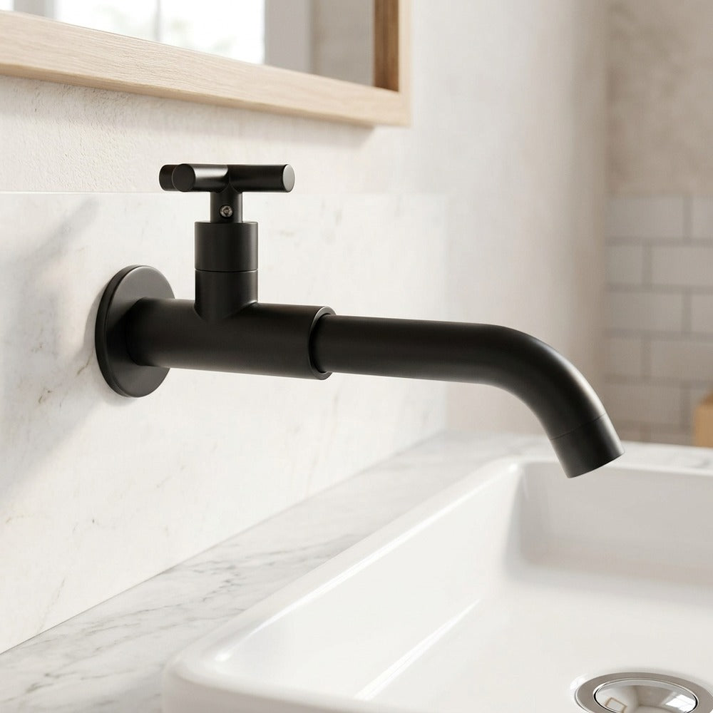 Lagomel single-handle wall-mount bathroom faucet, set in a Modern/Contemporary bathroom