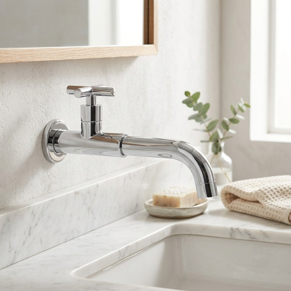 Lagomel single-handle wall-mount bathroom faucet, set in a Modern/Contemporary bathroom