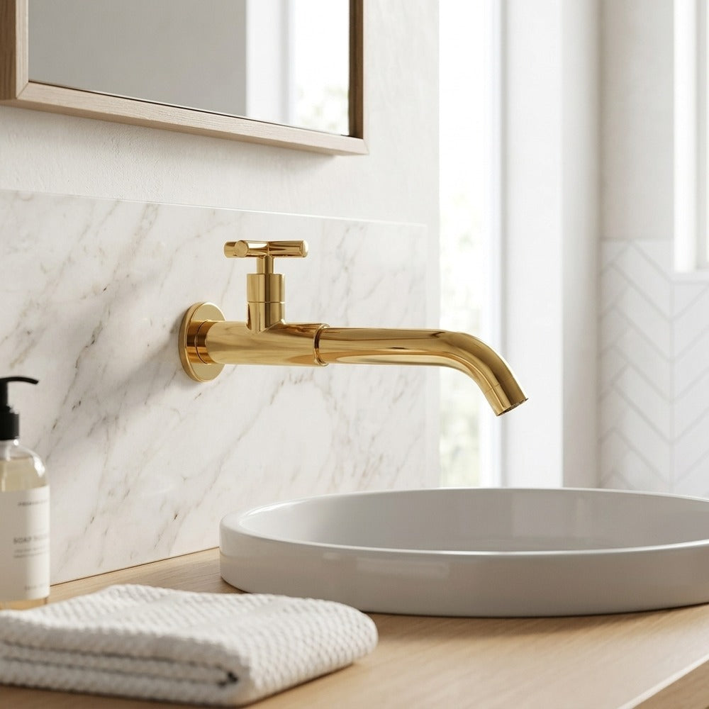 Lagomel single-handle wall-mount bathroom faucet, set in a Modern/Contemporary bathroom