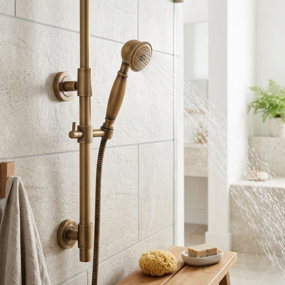 Lagomel hand shower in antique brass, set in a Traditional/Classic/Vintage/Retro bathroom