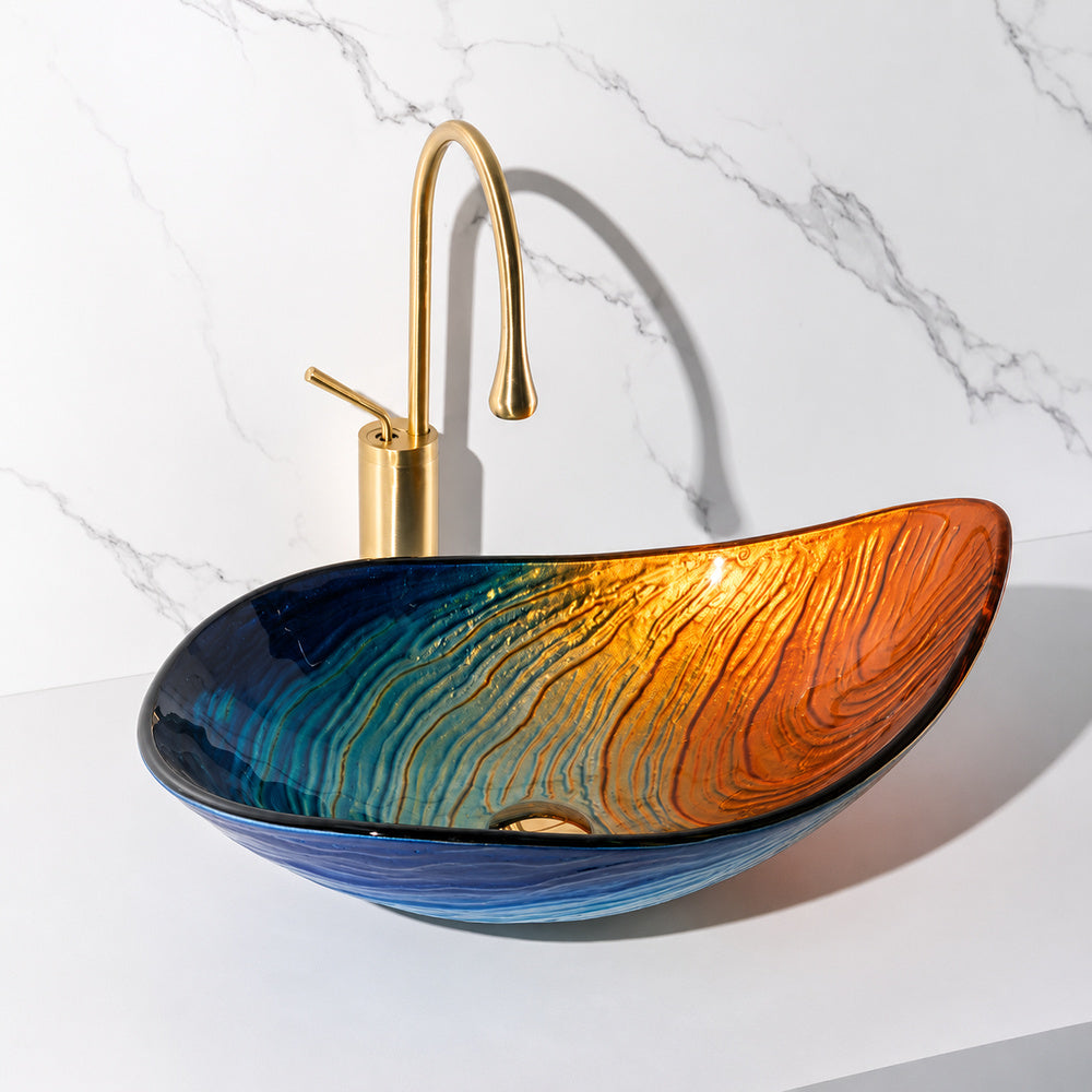 Modern Tempered Glass Vessel Sink, Single-Handle Chrome Waterfall Faucet Combo