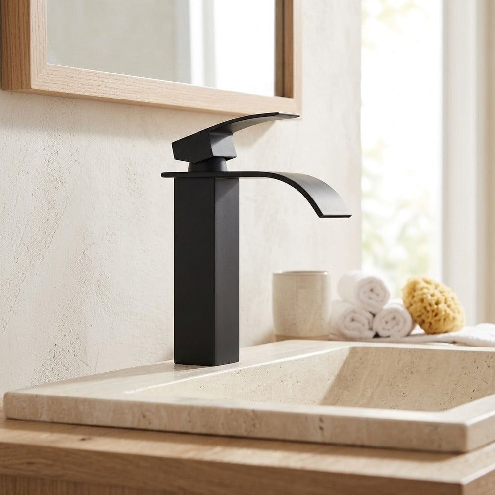 Lagomel vessel sink waterfall single-hole bathroom faucet, set in a Contemporary bathroom