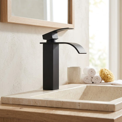 Lagomel vessel sink waterfall single-hole bathroom faucet, set in a Contemporary bathroom