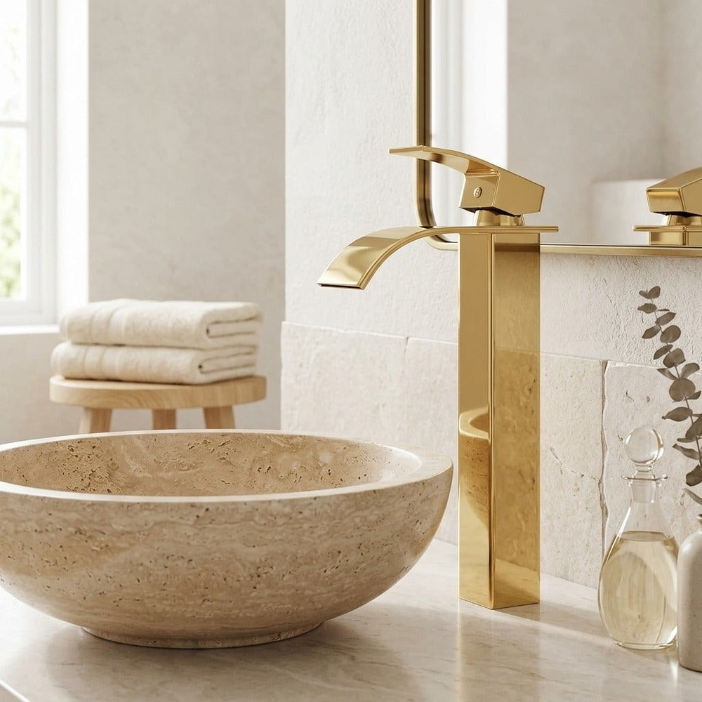 Lagomel vessel sink waterfall single-hole bathroom faucet, set in a Contemporary bathroom