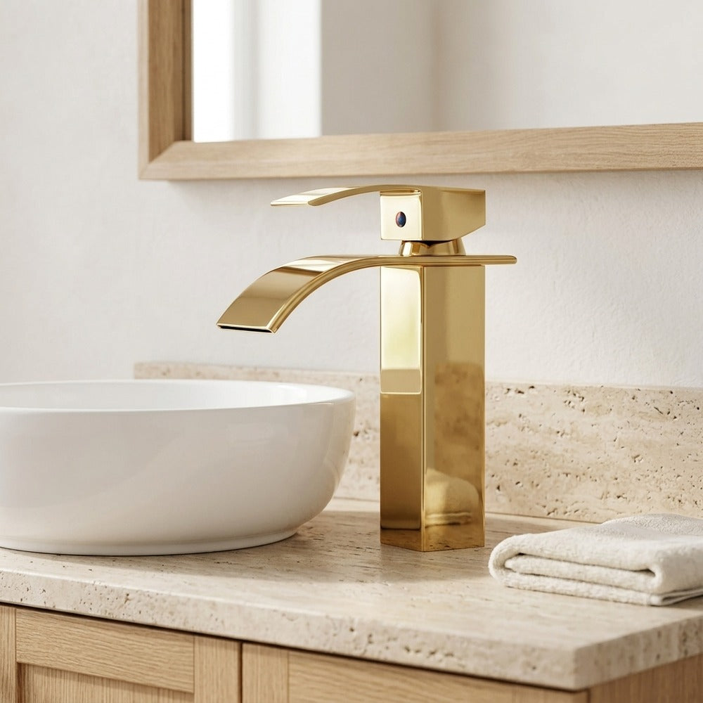 Lagomel vessel sink waterfall single-hole bathroom faucet, set in a Contemporary bathroom