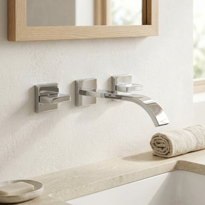 Lagomel waterfall double-handle wall-mount bathroom faucet in chrome, set in a Modern/Contemporary bathroom