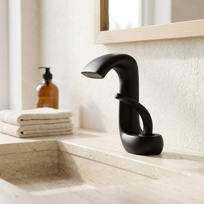 Lagomel waterfall single-hole bathroom faucet in matte black, brushed nickel, chrome, matte white, set in a Modern/Minimalist/Contemporary bathroom