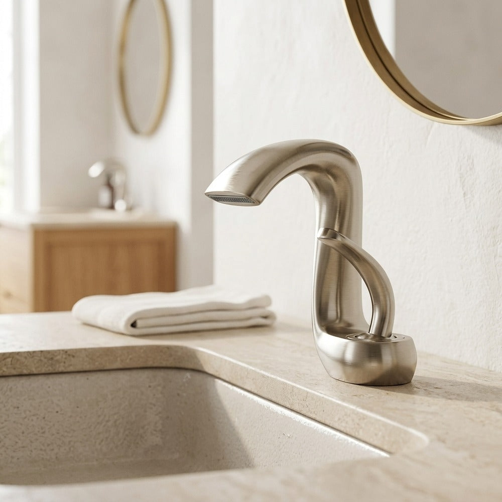 Lagomel waterfall single-hole bathroom faucet, set in a Modern/Minimalist bathroom