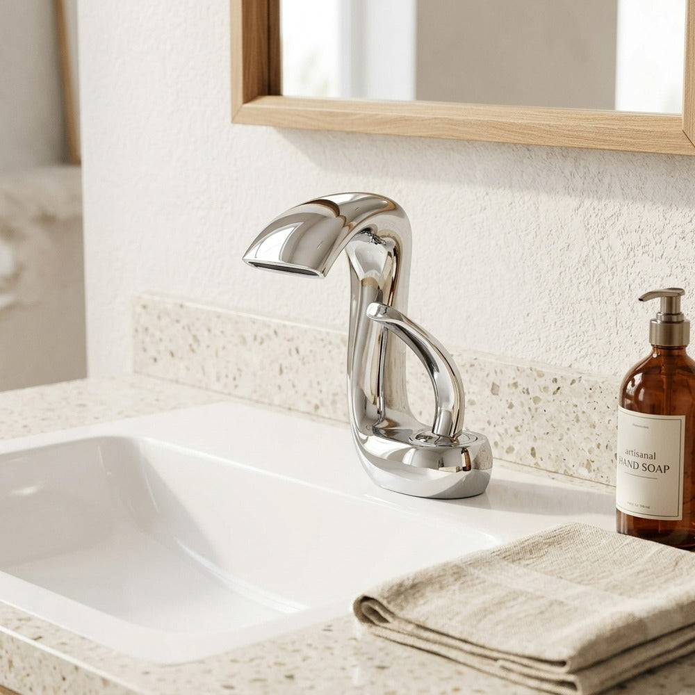 Lagomel waterfall single-hole bathroom faucet, set in a Modern/Minimalist bathroom