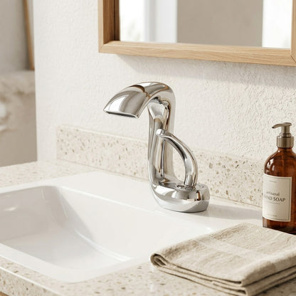 Lagomel waterfall single-hole bathroom faucet, set in a Modern/Minimalist bathroom
