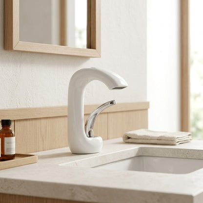 Lagomel waterfall single-hole bathroom faucet, set in a Modern/Minimalist bathroom