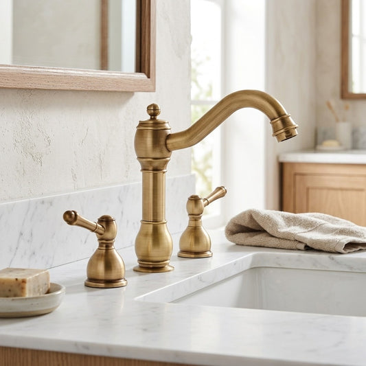 Lagomel double-handle widespread bathroom faucet in brushed bronze, brushed nickel, oil-rubbed bronze, set in a Modern/Contemporary bathroom