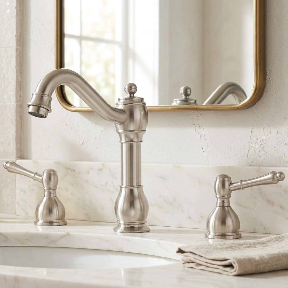 Lagomel double-handle widespread bathroom faucet, set in a Vintage/Retro/Traditional/Classic bathroom