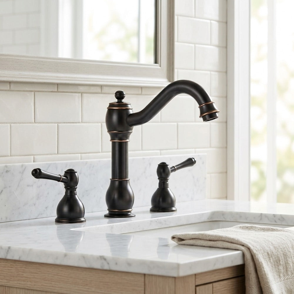 Lagomel double-handle widespread bathroom faucet, set in a Vintage/Retro/Traditional/Classic bathroom