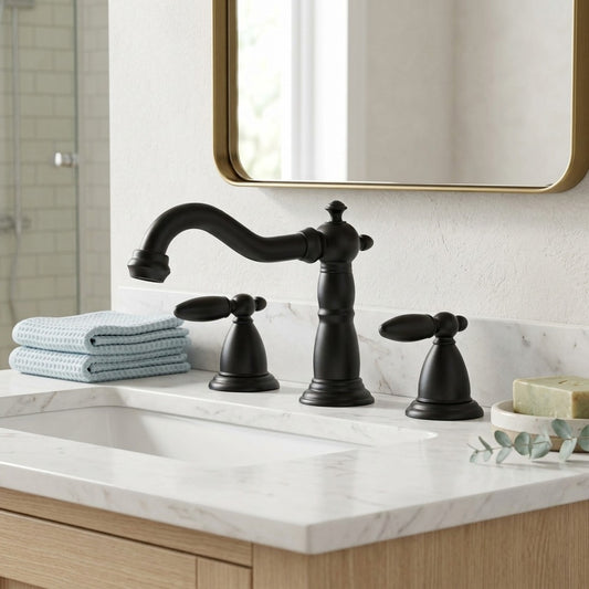 Lagomel widespread bathroom faucet in matte black, chrome, polished gold, rose gold, antique brass, set in a Modern/Contemporary bathroom
