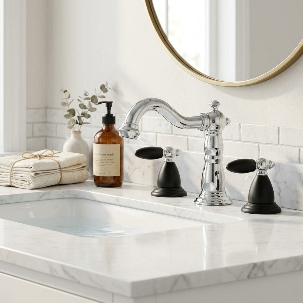 Lagomel widespread bathroom faucet, set in a Modern/Contemporary bathroom