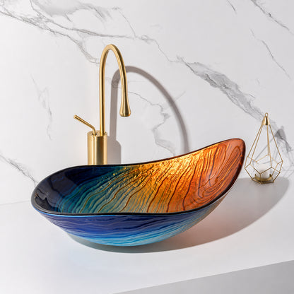 Modern Tempered Glass Vessel Sink, Single-Handle Chrome Waterfall Faucet Combo