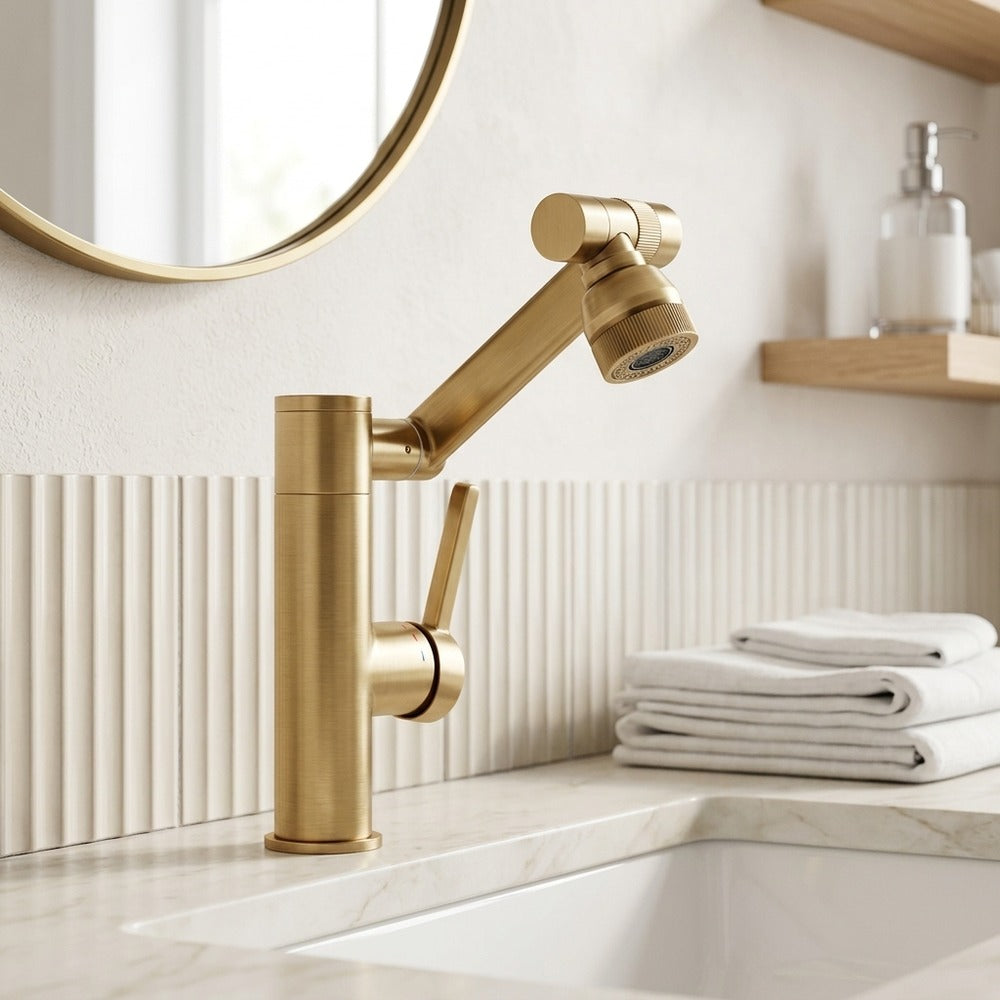 Lagomel single-hole bathroom faucet in antique brass, gunmetal, set in a Modern/Vintage/Retro bathroom