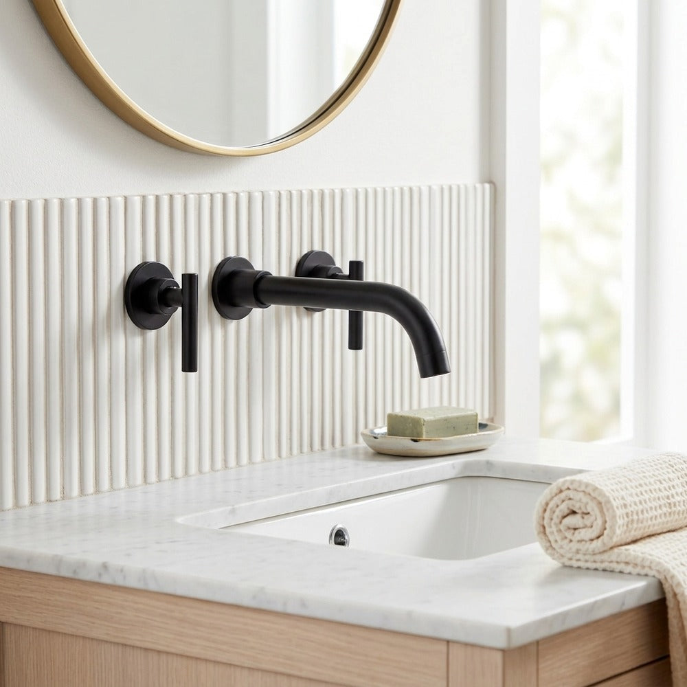 Lagomel double-handle wall-mount bathroom faucet in matte black, chrome, set in a Modern/Contemporary bathroom