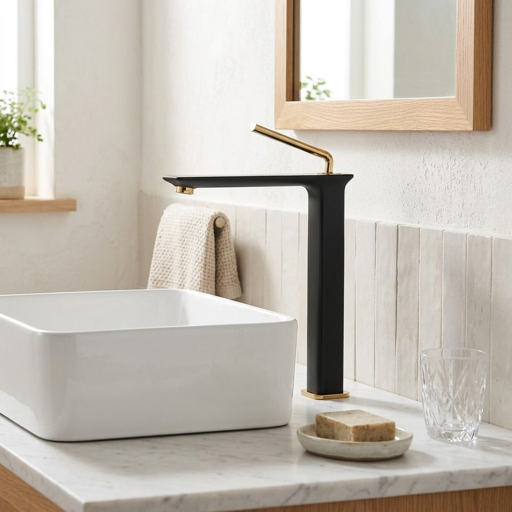 Lagomel vessel sink single-hole bathroom faucet in matte black, chrome, brushed gold, gunmetal, two-tone / mixed, set in a Modern/Contemporary bathroom