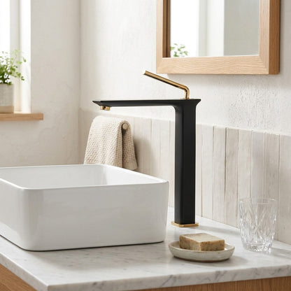 Lagomel vessel sink single-hole bathroom faucet in matte black, chrome, brushed gold, gunmetal, two-tone / mixed, set in a Modern/Contemporary bathroom