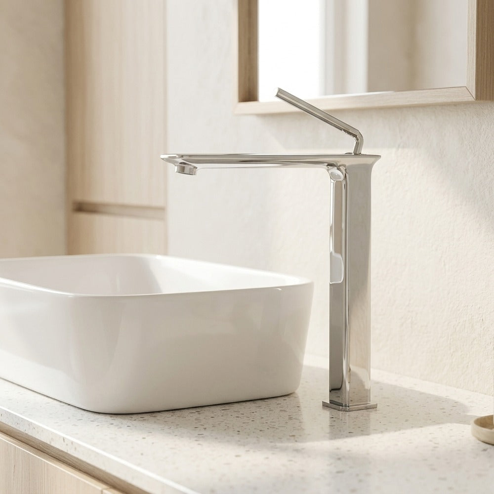 Lagomel vessel sink single-hole bathroom faucet, set in a Modern/Contemporary bathroom