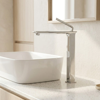 Lagomel vessel sink single-hole bathroom faucet, set in a Modern/Contemporary bathroom