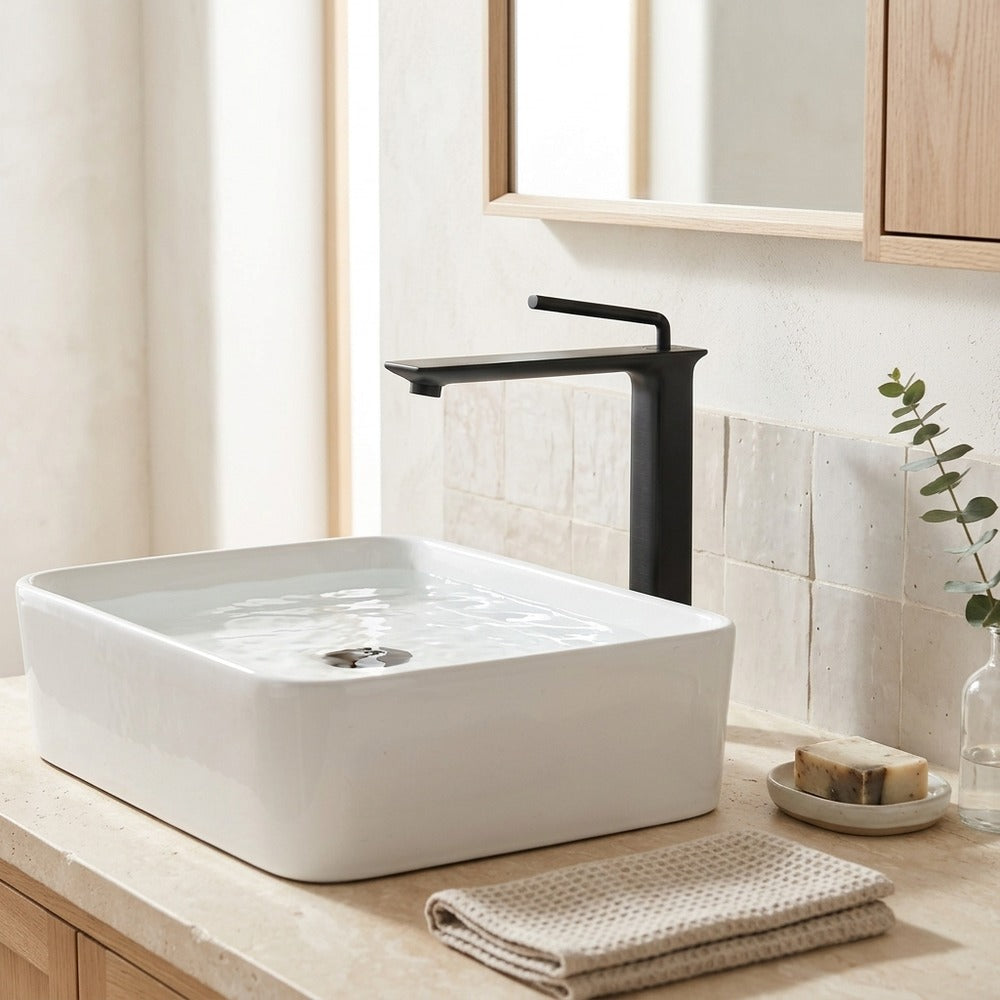 Lagomel vessel sink single-hole bathroom faucet, set in a Modern/Contemporary bathroom