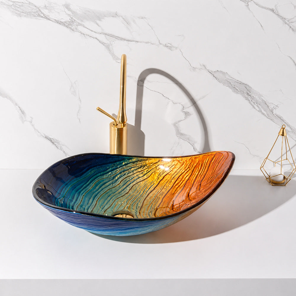 Modern Tempered Glass Vessel Sink, Single-Handle Chrome Waterfall Faucet Combo