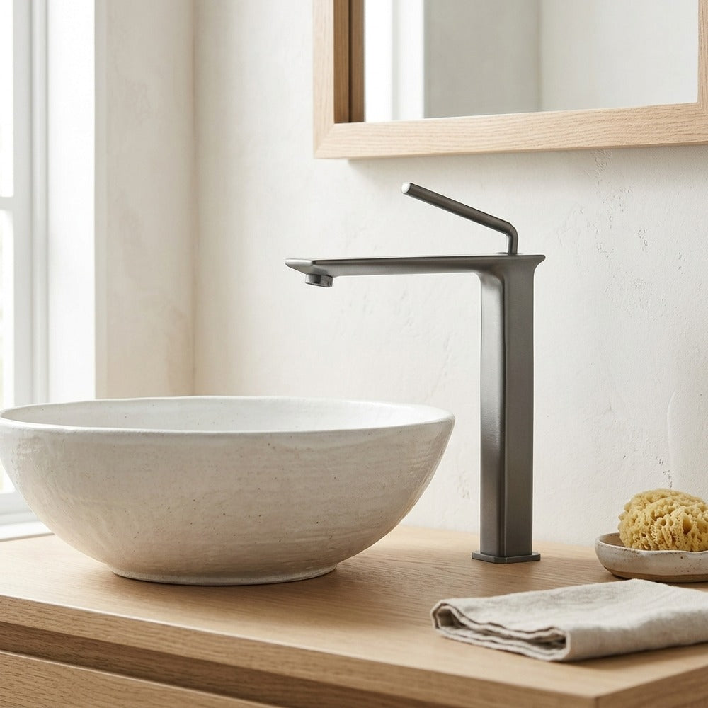 Lagomel vessel sink single-hole bathroom faucet, set in a Modern/Contemporary bathroom
