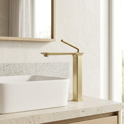 Lagomel vessel sink single-hole bathroom faucet, set in a Modern/Contemporary bathroom