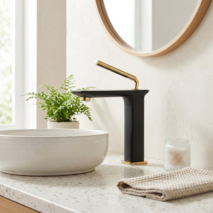 Lagomel vessel sink single-hole bathroom faucet, set in a Modern/Contemporary bathroom