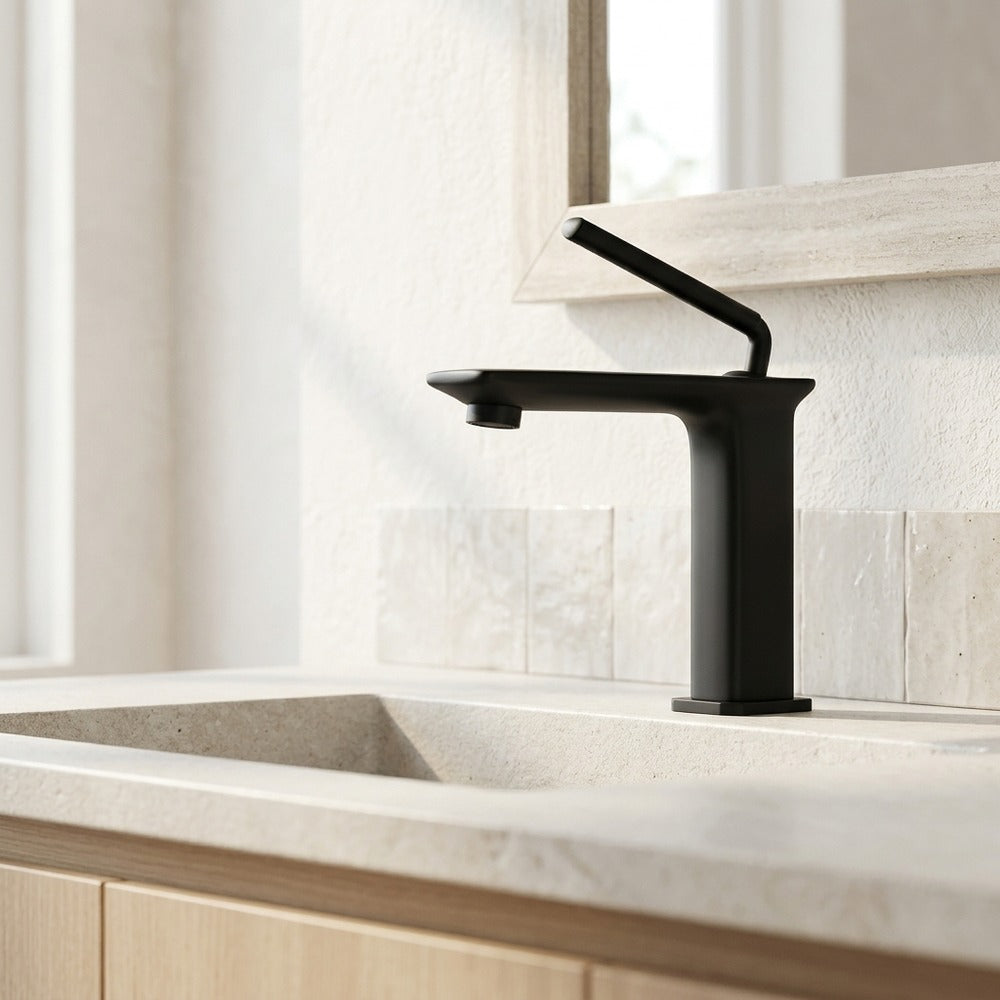 Lagomel vessel sink single-hole bathroom faucet, set in a Modern/Contemporary bathroom