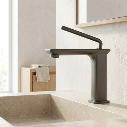 Lagomel vessel sink single-hole bathroom faucet, set in a Modern/Contemporary bathroom