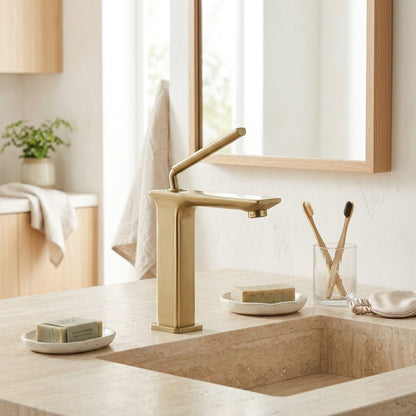 Lagomel vessel sink single-hole bathroom faucet, set in a Modern/Contemporary bathroom