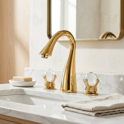 Lagomel widespread bathroom faucet in polished gold, chrome, brushed nickel, set in a Modern/Contemporary bathroom