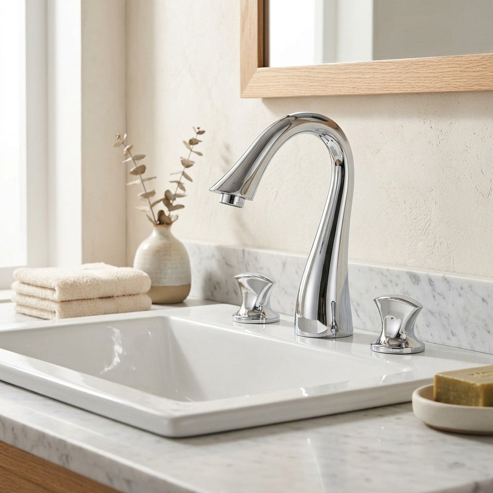Lagomel double-handle widespread bathroom faucet in chrome, polished gold, brushed nickel, oil-rubbed bronze, set in a Modern/Contemporary bathroom