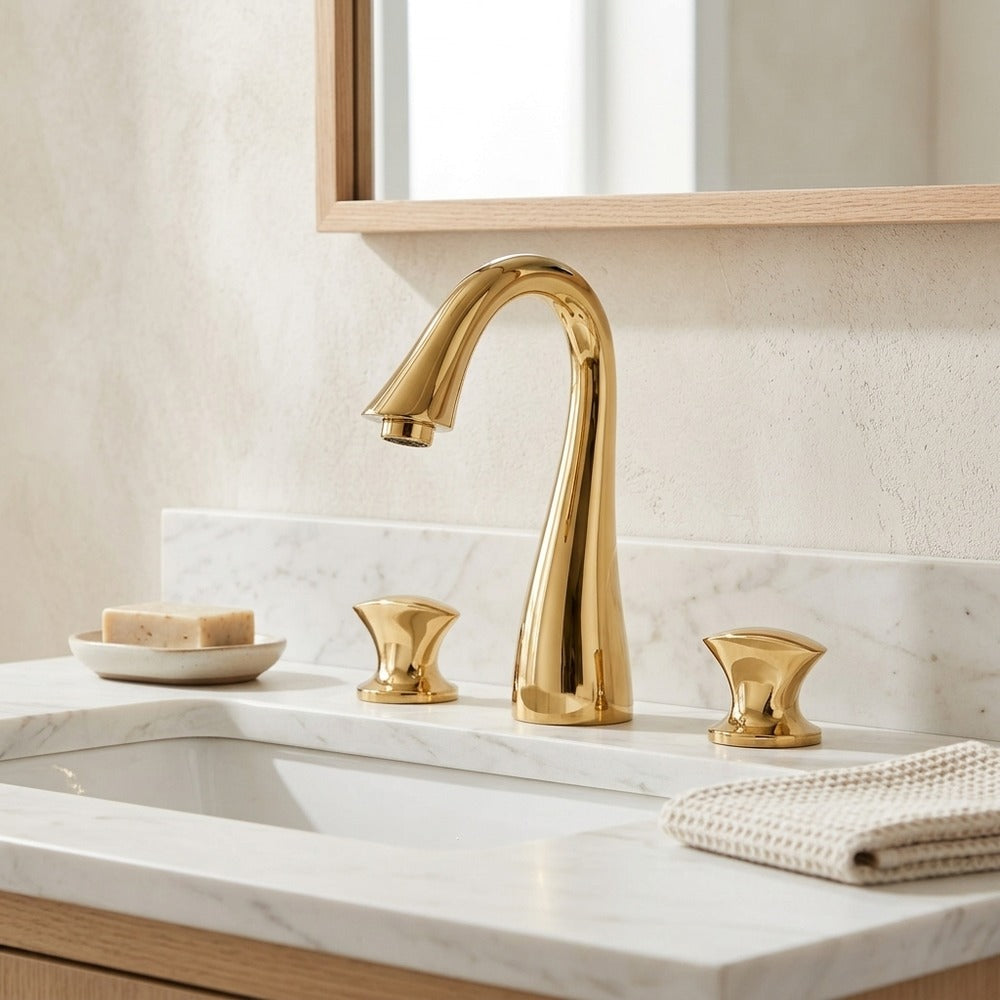 Lagomel double-handle widespread bathroom faucet, set in a Vintage/Retro/Traditional/Classic bathroom