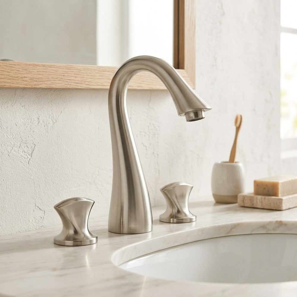 Lagomel double-handle widespread bathroom faucet, set in a Vintage/Retro/Traditional/Classic bathroom