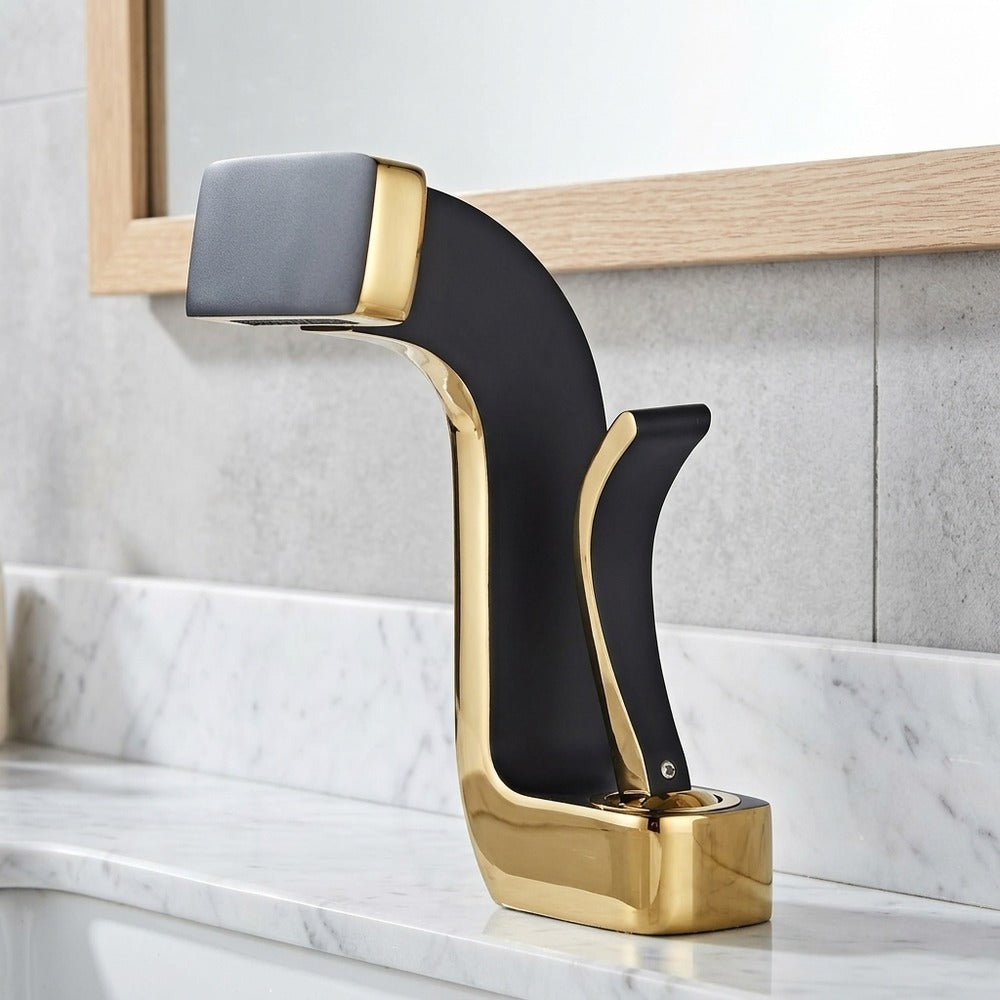 Lagomel waterfall single-hole bathroom faucet in chrome, matte black, brushed nickel, two-tone / mixed finish, set in a Modern/Contemporary bathroom