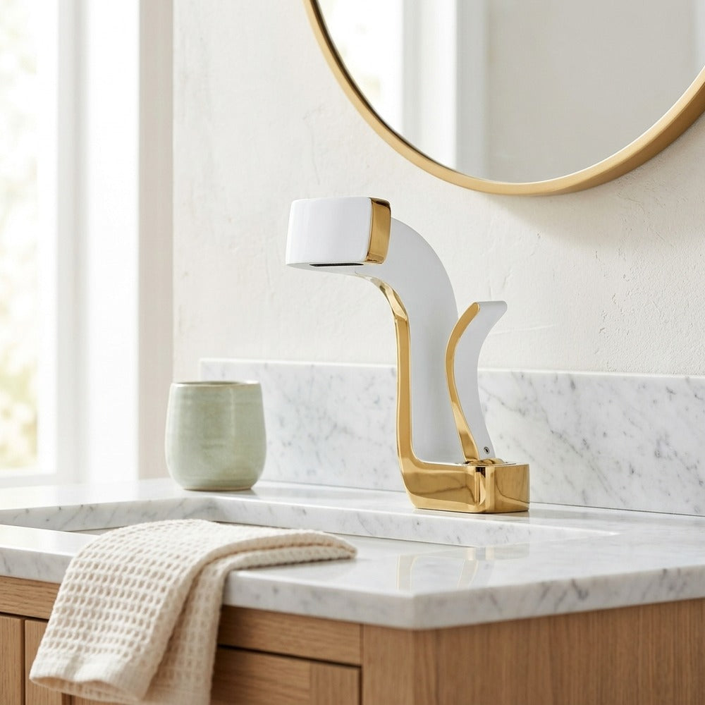 Lagomel waterfall single-hole bathroom faucet, set in a Modern/Minimalist bathroom
